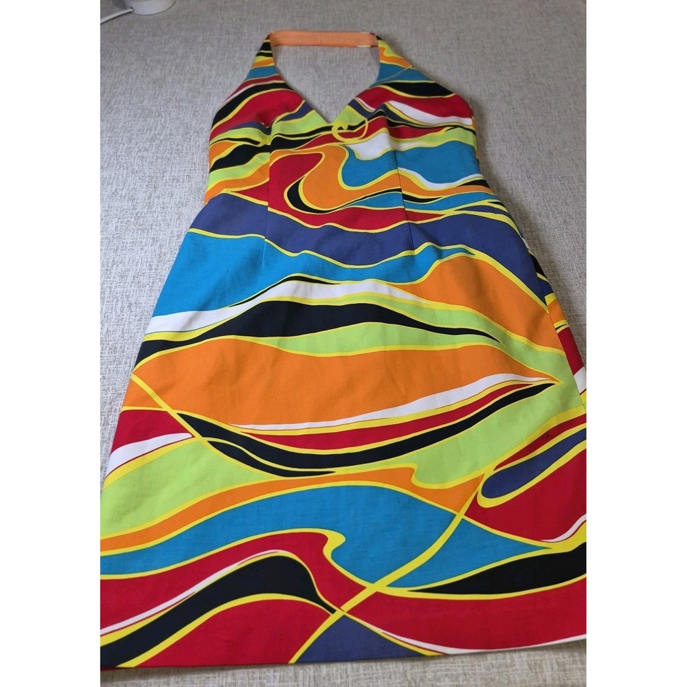 David Meister Y2K Vintage Halter Dress Psychedelic Swirl Cotton Mod Size 6 - Picture 4 of 8